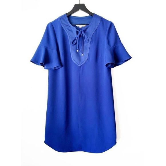 Trina Turk Royal Blue Flutter Sleeve Tie Neck Shift Dress Size 2 - Picture 1 of 6